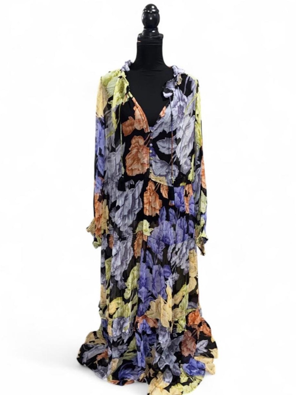 Anthropologie Black Floral Long Sleeve Maxi Dress - Purple, Orange, Yellow